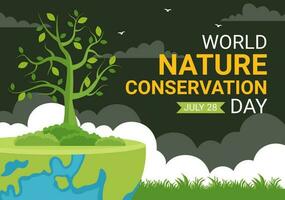 World Nature Conservation Day Vector Illustration with World Map, Tree and Eco Friendly Ecology in Flat Cartoon Hand Drawn Landing Page Templates