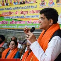 New Delhi, India - March 27 2023 - Piyush Goyal Cabinet Minister and core member of Bharatiya Janata Party - BJP during a rally in support of BJP candidate ahead of MCD local body Elections 2022 photo