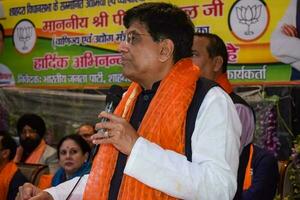 New Delhi, India - March 27 2023 - Piyush Goyal Cabinet Minister and core member of Bharatiya Janata Party - BJP during a rally in support of BJP candidate ahead of MCD local body Elections 2022 photo