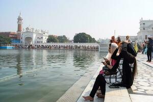 amritsar, India - febrero 26 2023 - no identificado devotos desde varios partes a dorado templo - harmandir sahib en amritsar, Punjab, India, famoso indio sij punto de referencia, dorado templo foto