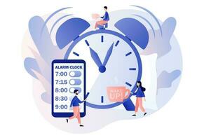 alarma reloj anillos despertar arriba. bueno Mañana concepto. comenzando de nuevo día. minúsculo personas despertar arriba en Mañana y seguir rutina de día. moderno plano dibujos animados estilo. vector ilustración en blanco antecedentes