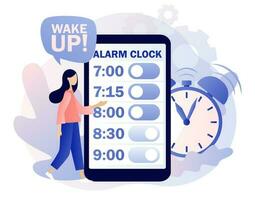 Alarm clock rings. Wake up in morning. Tiny woman sets the alarm clock in smartphone app. Good morning concept. Beginning of new day. Modern flat cartoon style. Vector illustration on white background