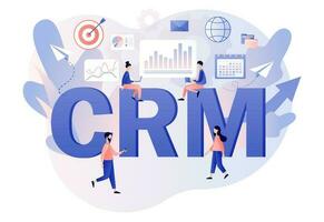 CRM - big text. Customer relationship management concept. Business strategy. Tiny businessman perform data analysis. Modern flat cartoon style. Vector illustration on white background