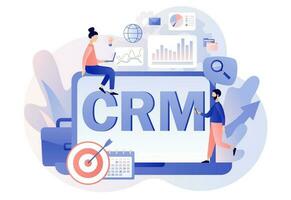 CRM - text on laptop screen. Customer relationship management concept. Business strategy. Tiny businessman perform data analysis. Modern flat cartoon style. Vector illustration on white background