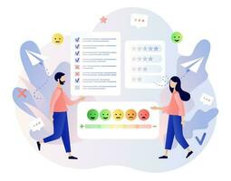 Feedback concept. Customer survey, review and opinion. Tiny people leave feedback and put assessment in online service. Modern flat cartoon style. Vector illustration on white background