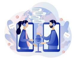 Online Interview concept. Journalist. Tiny people on online meeting. Video call conference. Social distancing. Remote work. Consultation. Modern flat cartoon style. Vector illustration