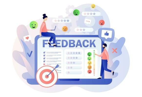 Feedback concept. Customer survey, review and opinion. Tiny people leave feedback and put assessment online on laptop. Modern flat cartoon style. Vector illustration on white background