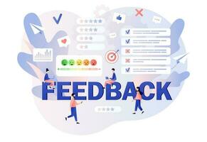 Feedback concept. Customer survey, review and opinion. Tiny people clients leave feedback, put assessment in online service. Modern flat cartoon style. Vector illustration on white background