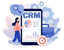 crm solución en teléfono inteligente aplicación cliente relación administración concepto. negocio estrategia. minúsculo empresario realizar datos análisis. moderno plano dibujos animados estilo. vector ilustración en blanco antecedentes