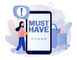 Must have - text on smartphone screen. Online shopping. Advertising and E-commerce concept. Tiny woman buy most necessary things. Modern flat cartoon style. Vector illustration on white background