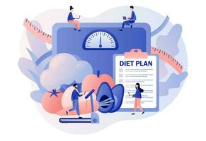 Nutrition diet. Tiny people follow diet plan with healthy food with vegetables, fruit and physical activity. Nutritionist online. Modern flat cartoon style. Vector illustration on white background