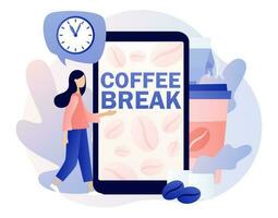 Coffee break - text on smartphone screen. Tiny woman relaxing and drinking coffee. Lunch time in office concept. Modern flat cartoon style. Vector illustration on white background