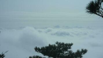 The beautiful mountains view surrounded by the misty fog in winter photo