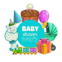 Baby shower party vector banner with toys and pie