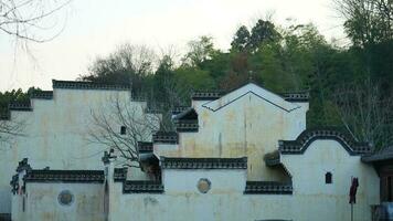 The beautiful traditional Chinese village view with the classical architecture and fresh green trees as background photo