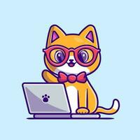 lindo gato trabajando en la ilustración del icono del vector de dibujos animados de la computadora portátil. concepto de icono de tecnología animal vector premium aislado. estilo de dibujos animados plana