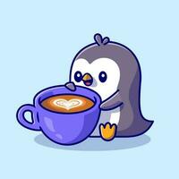 linda pingüino Bebiendo café dibujos animados vector icono ilustración. animal bebida icono concepto aislado prima vector. plano dibujos animados estilo