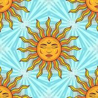 Seamless pattern with sun with face, halftone shapes. Blue background behind with rays, beams, stripes. Groovy, hippie style. Good for apparel, fabric, textile, kids design. vector