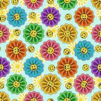 Seamless pattern with chamomile, daisy, sun icon. Flowers with little faces, emoji. Groovy, hippie, naive style. Good for apparel, fabric, textile, surface design. vector