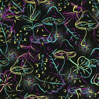 Pattern with fantasy magic mushrooms, forest foliage in grunge style. Bright unusual nature in neon fluorescent colors. For fantasy, groovy, hippie, mystical, surreal design vector