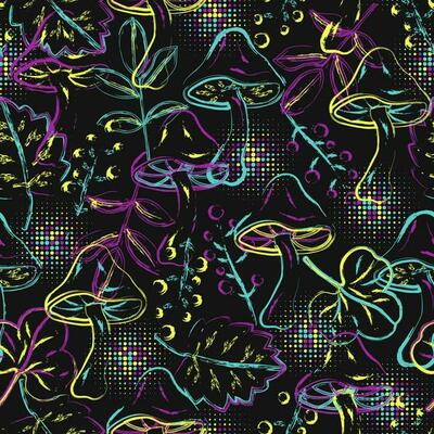 Pattern with fantasy magic mushrooms, forest foliage in grunge style. Bright unusual nature in neon fluorescent colors. For fantasy, groovy, hippie, mystical, surreal design