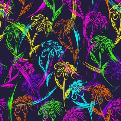 Seamless pattern with chamomile flower with stem, paint brush strokes. Vibrant bright neon colors. Good for apparel, fabric, textile