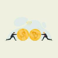 Businessman rolls giant dollar and bitcoin. Clash of currency influences financial market concept vector illustration