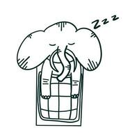 Happy New Year. Elephant sleeping in warm duvet. Vector illustrations in outline doodle style isolated on white background.