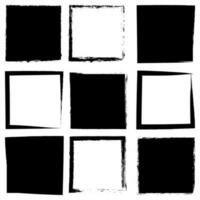 Set of vector square grunge black stickers and borders isolated on white background. A group of labels with uneven rough edges drawn with an ink brush. Vector design elements, 9 square frames