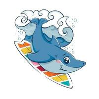 Cartoon funny shark is surfing on the wave vector