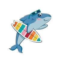 dibujos animados gracioso tiburón dice Hola participación un tabla de surf. vector