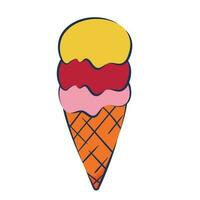 Ice cream in a waffle cone with three balls in a flat style. vector