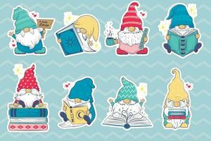 Bundle of stickers with Cute cartoon gnomes with books. vector