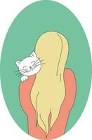 Girl is hugging a white cat. Love my pet theme. Simple hand drawn vector art