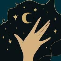 Touching midnight sky. Simple background with midnight sky view and a human hand. Hand drawn vector art