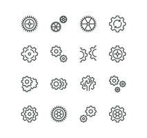 Set of gear related icons, settings, transmission, gearwheel, cogwheel, wrench tool, fix and linear variety vectors. vector