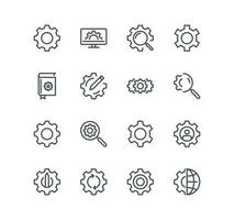 Set of gear related icons, settings, transmission, gearwheel, cogwheel, wrench tool, fix and linear variety vectors. vector