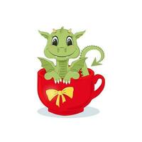 Vector illustration of cartoon cute dragon in cup at New year 2024 without background.