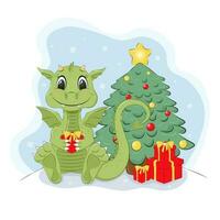 Vector illustration of cartoon cute dragon with a gift box and christmas tree on New year 2024.