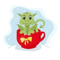 Vector illustration of cartoon cute dragon in cup at New year 2024.