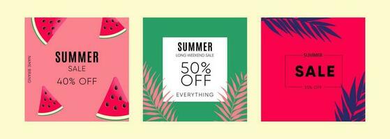 Summer sale square templates with watermelon and palm leaves. vector