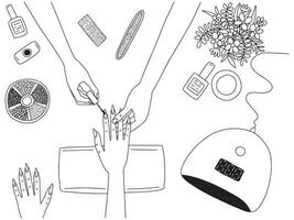 Vector manicure session coloring page illustration. Hand drawn manicure salon process top view vector illustration.