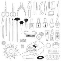 Vector manicure equipments set. Hand drawn different kinds of manicure and pedicure tools set.