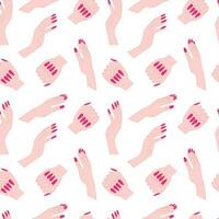 Vector woman hands with pink manicure seamless pattern. Different woman hands with pink nails on white background