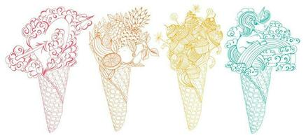 Waffles set. Cupcakes and lollipops, Unicorn in the clouds, heart with an arrow and fruit cocktail in a waffle cones. vector