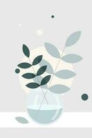 Still life Poster Tropical Leaves in Glass Vase Minimalistic Vector Illustration with Eucalyptus Branch and Exotic Leaves, Perfect for Greeting Cards and Home Decoration