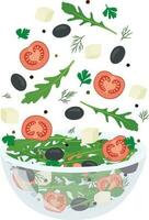 Green salad of fresh vegetables in a transparent salad bowl. vector