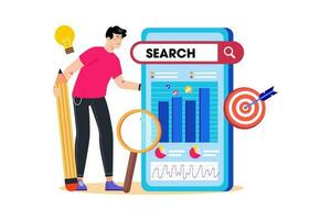 An SEO specialist analyzes website analytics to improve search engine rankings. vector