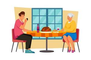 A man takes his mother out for a nice lunch to celebrate her on International Women's Day. vector