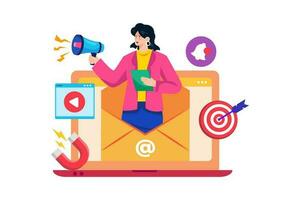 A digital marketer uses email marketing to nurture leads and customers. vector